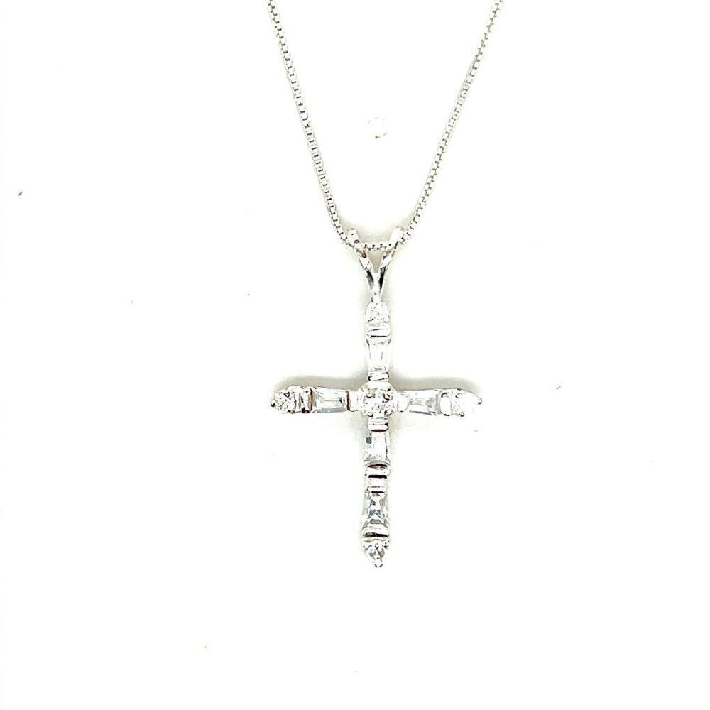 925 Silver‎ Baguette Cz Cross Necklace